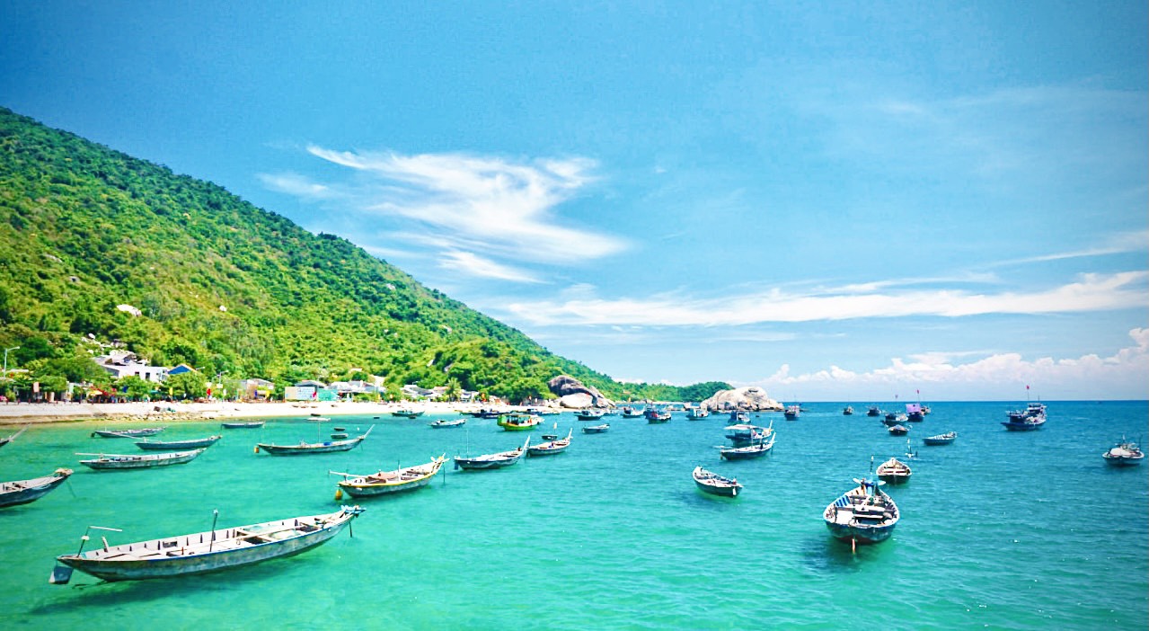 Aerial view of tropical islands near Hoi An with turquoise water