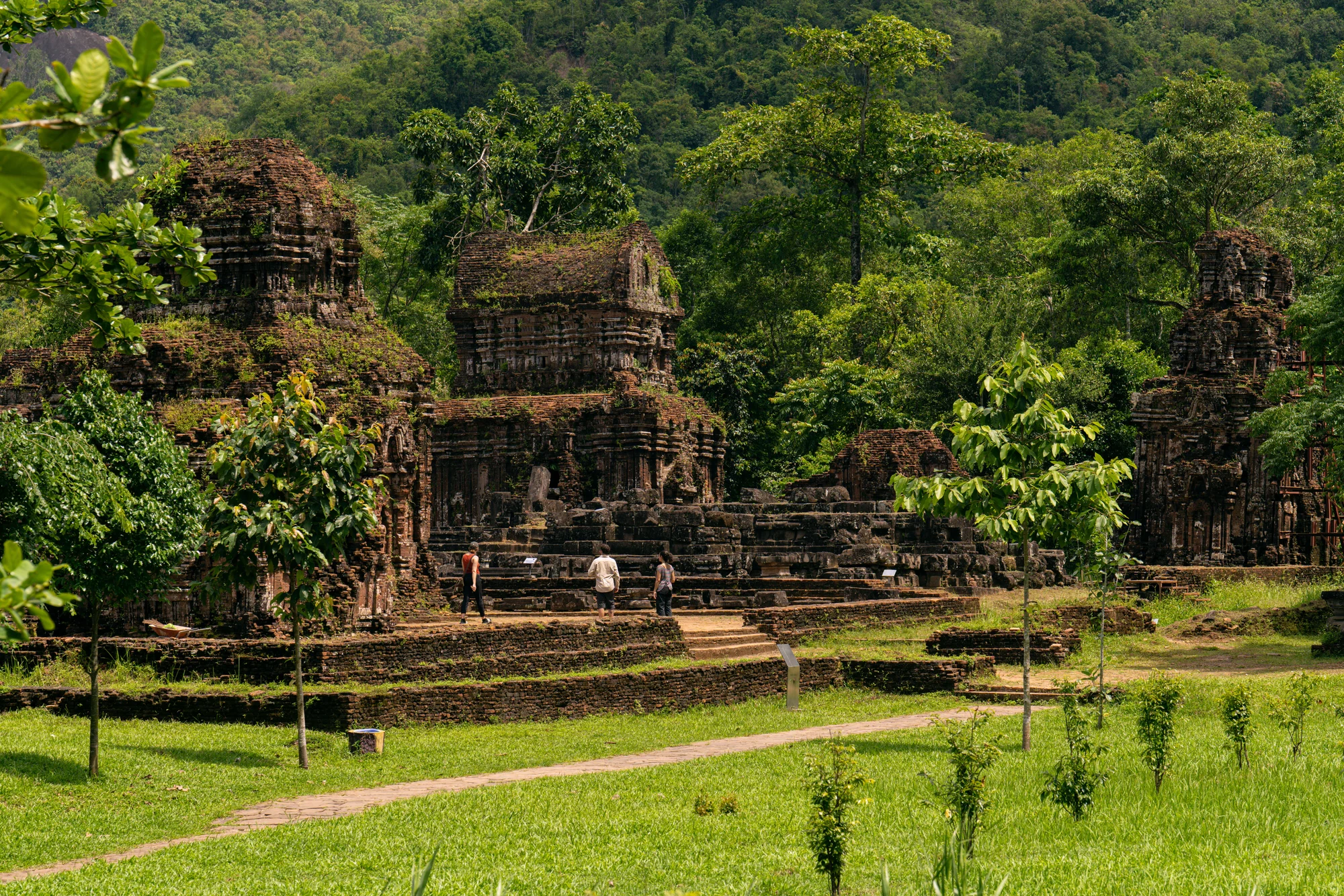 Ancient temple ruins surrounded by lush jungle in Central Vietnam