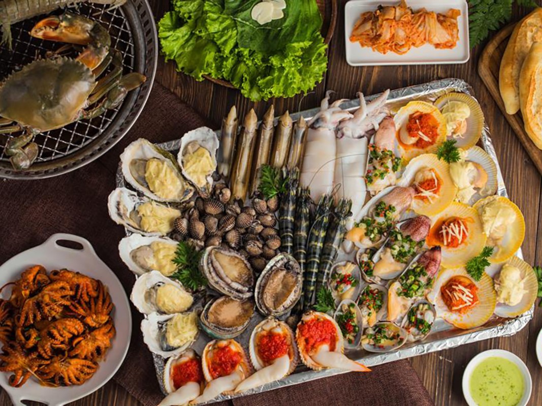 Fresh seafood served at a beachfront restaurant near Hue