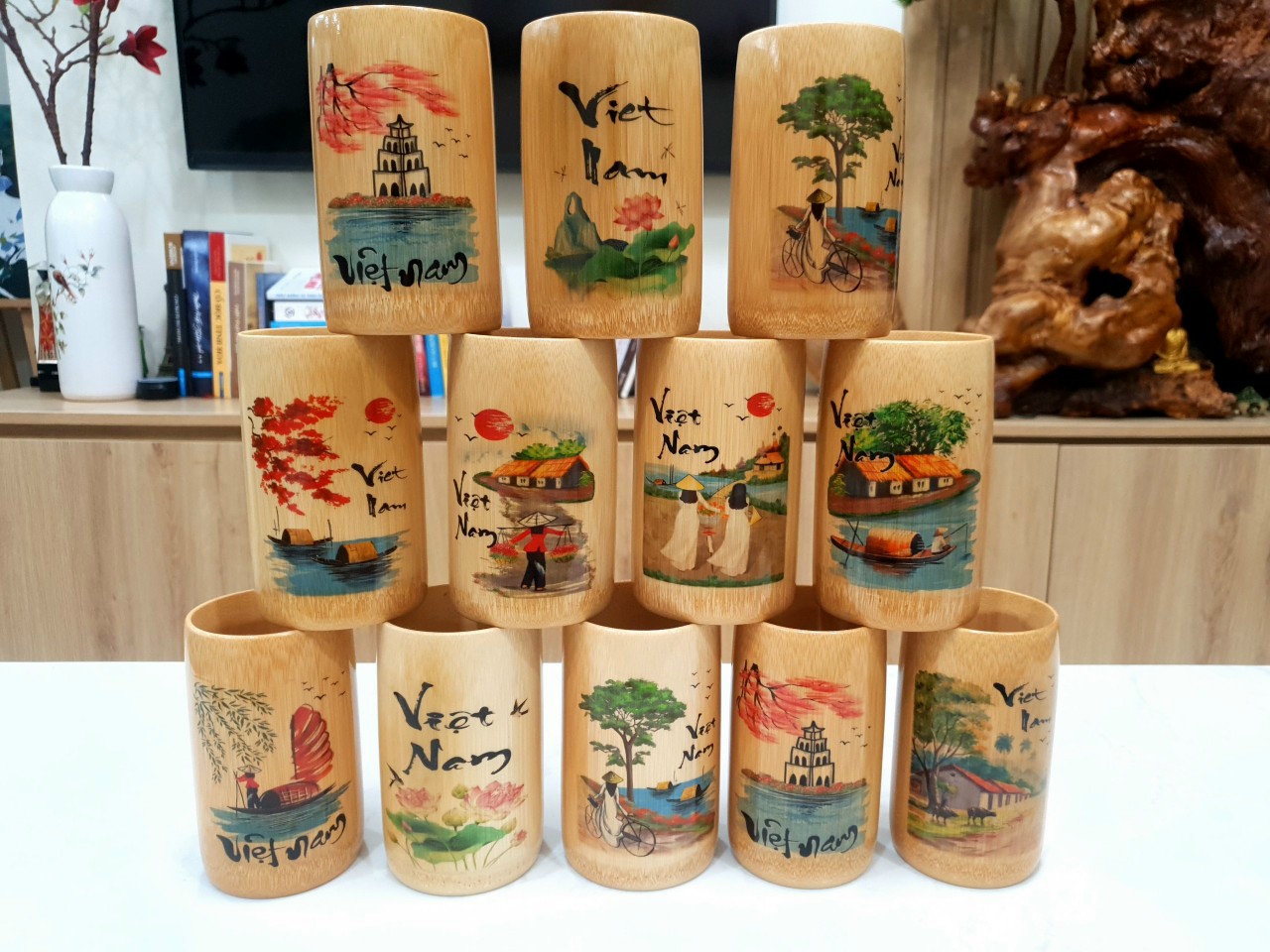 Handmade bamboo crafts and small souvenirs in a local market