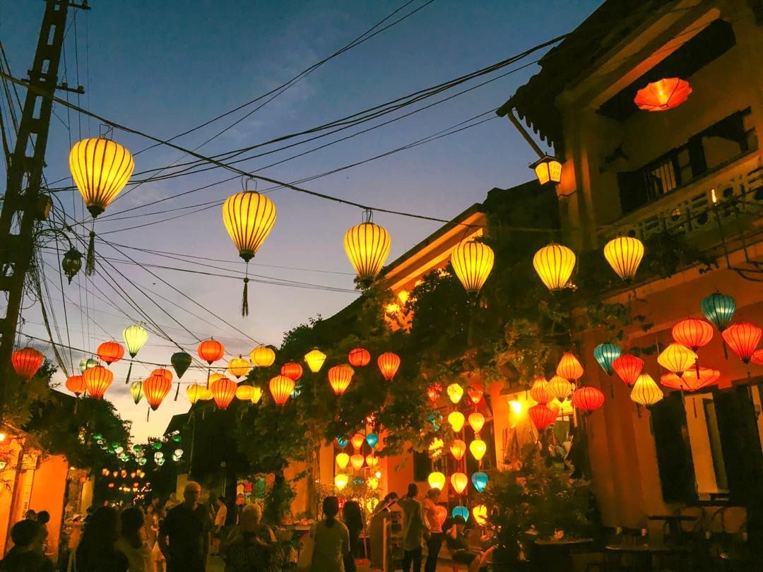 Hoi An ancient town with lanterns and river view from above