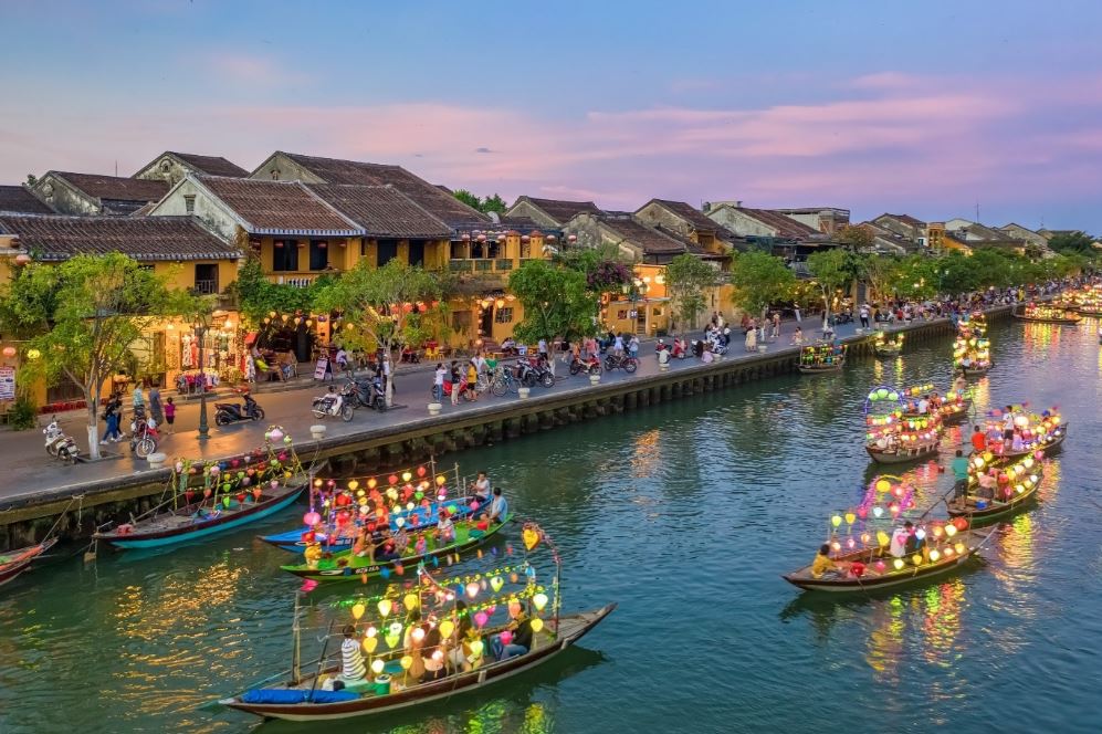 Lantern reflections glowing on the Thu Bon River in Hoi An