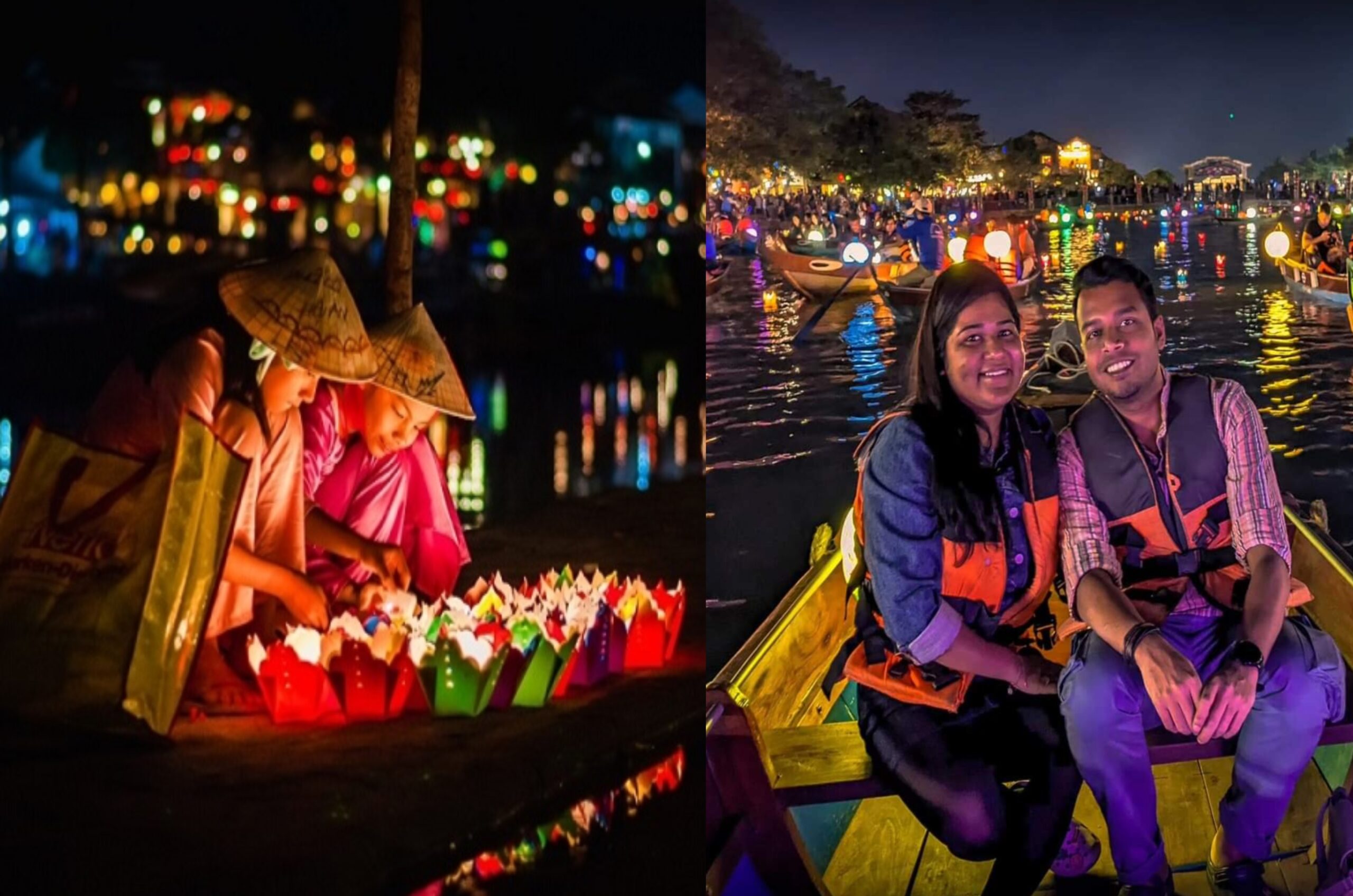 Romantic nighttime photography on a lantern boat in Hoi An