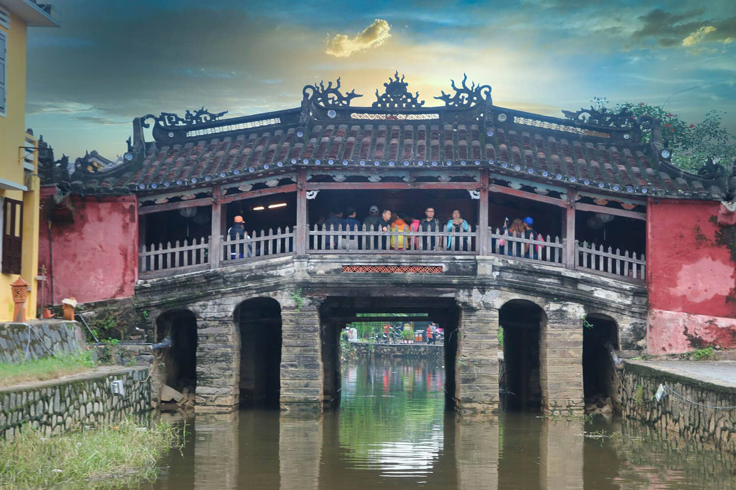 Traditional Asian architectural details on a historic bridge in Hoi An
