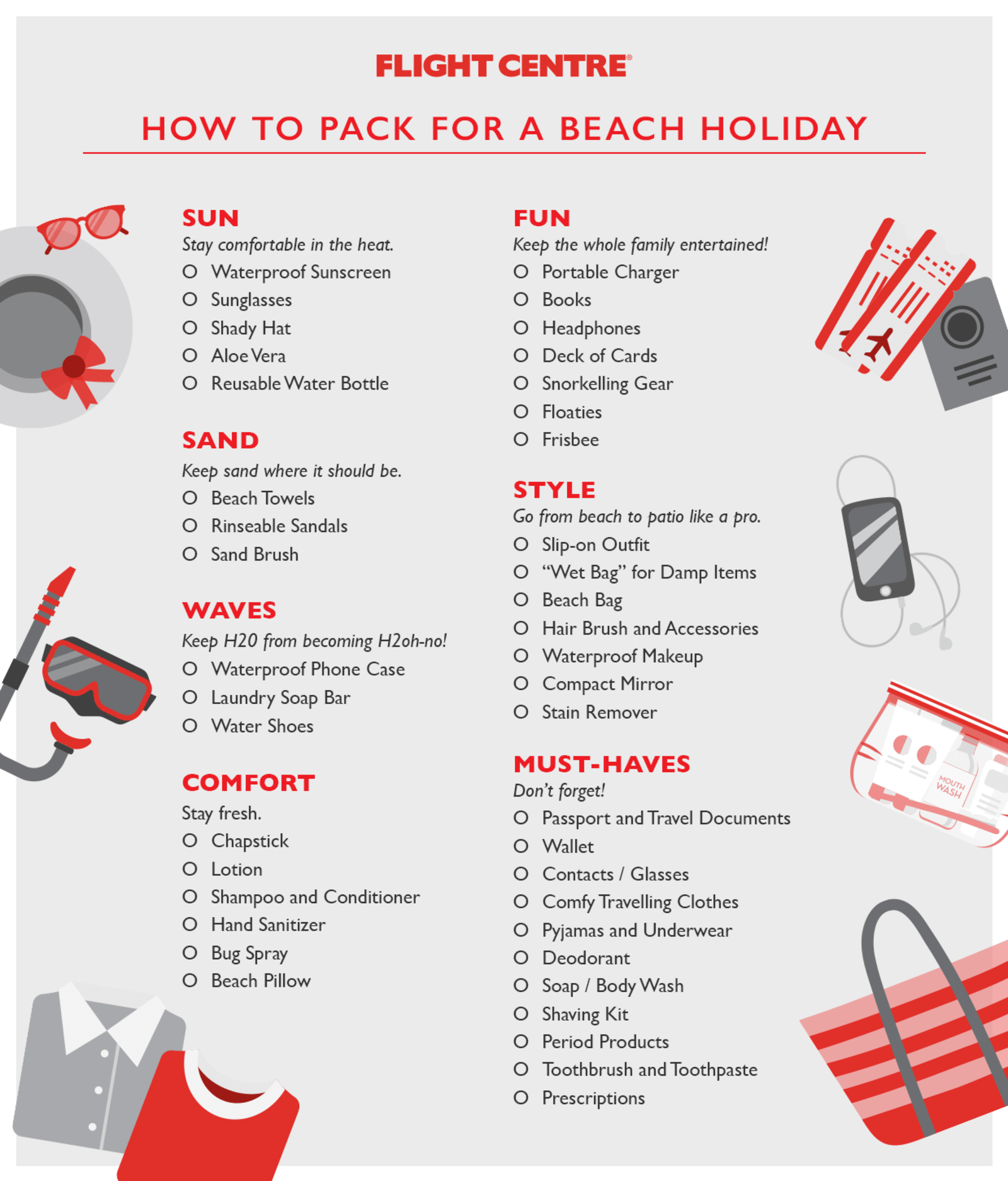 Travel essentials prepared for a forest and coastal adventure.