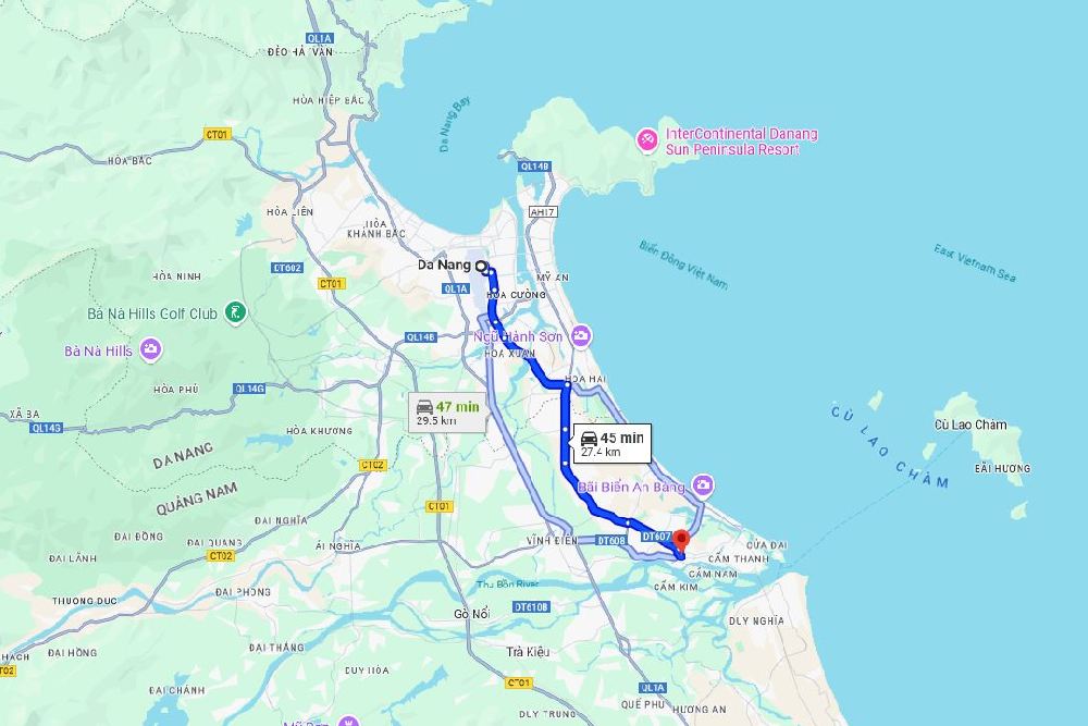 Travel route from Da Nang to Hoi An for a tailoring experience