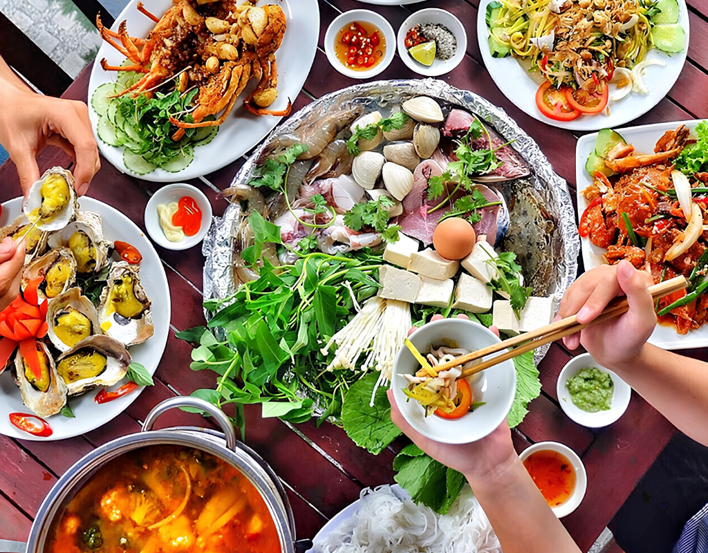 Live seafood displays help diners select fresh ingredients before ordering.