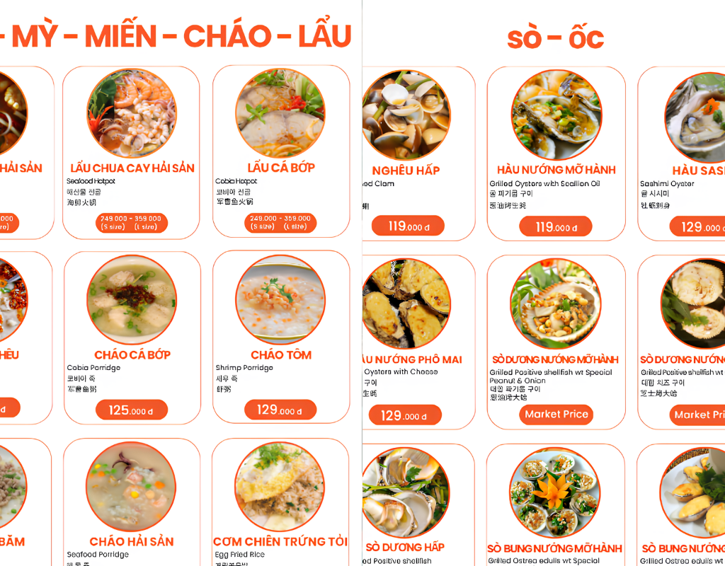 A selection of freshly prepared seafood at Bé Biển.