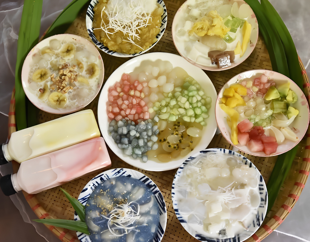 Colorful Vietnamese Che offers a sweet and refreshing finish with beans, coconut, jelly, fruit, and tapioca.